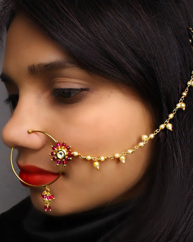 ROUND KUNDAN MEENAKARI GOLD PLATED BRIDAL NOSE RING – Sanvi Jewels